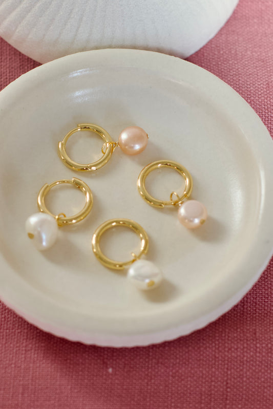 Clara Pink Pearl Huggie Earrings